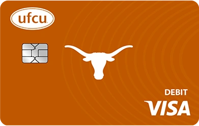 Burnt orange debit card with a Longhorn logo in the middle.