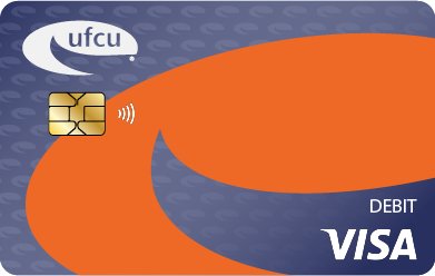 Blue and orange debit card with the UFCU logo on it.